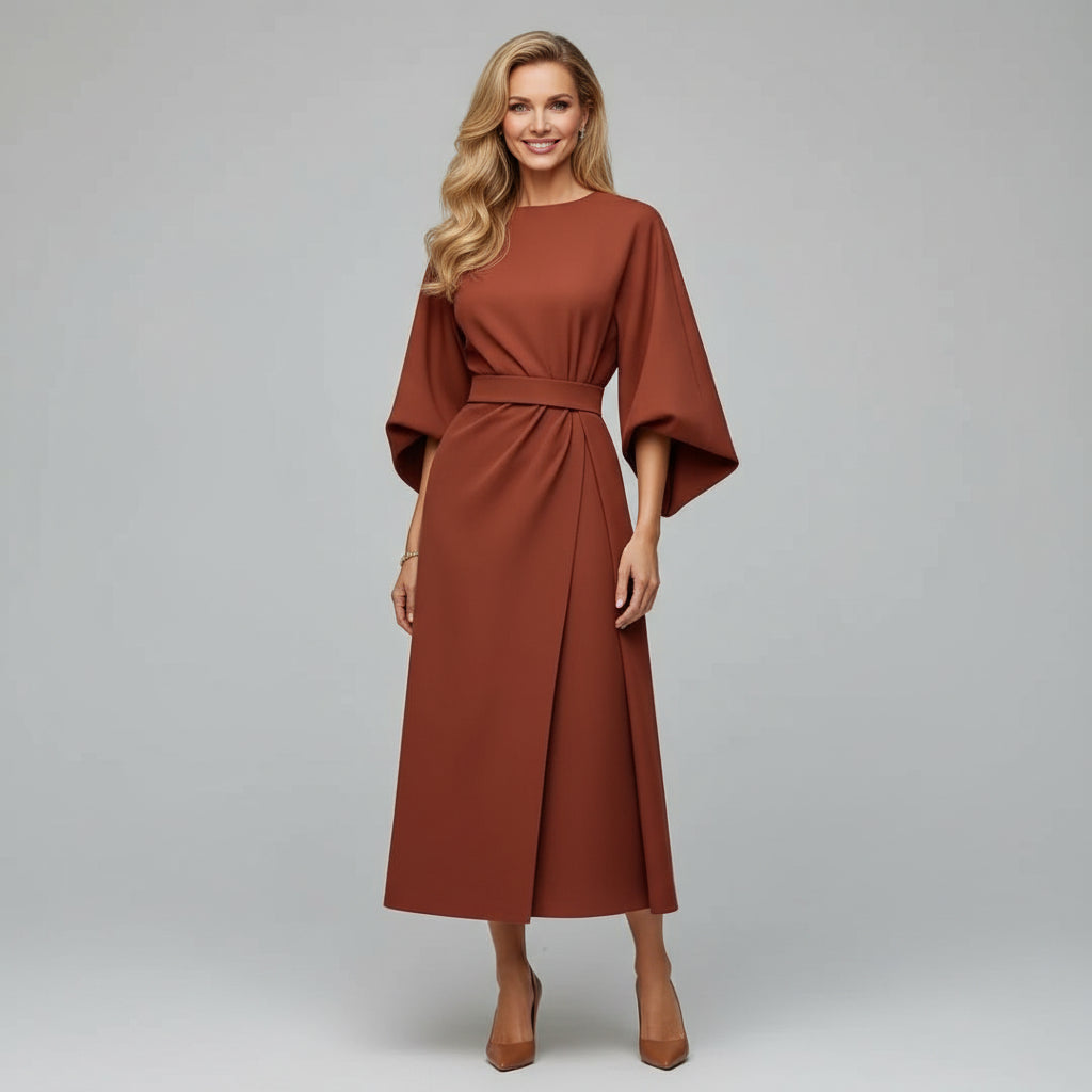 Isabella | Belted Wide Sleeve Midi Dress Relaxed Fit Everyday