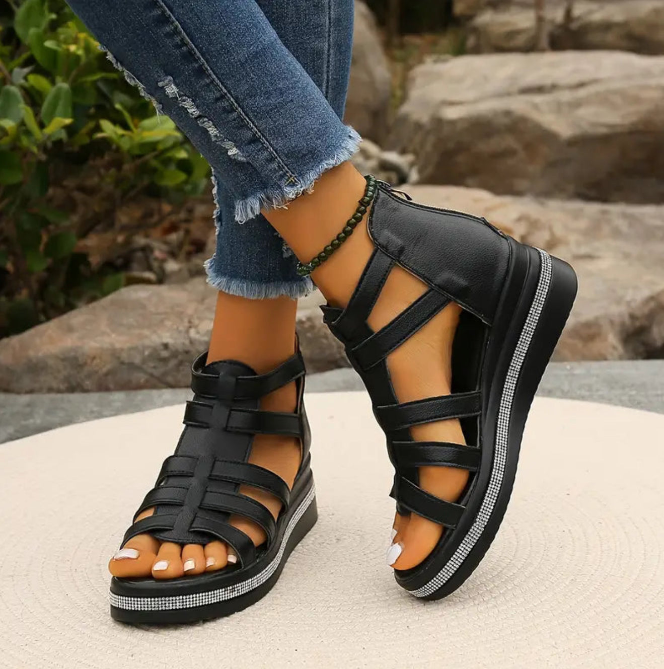 Sophie | Rhinestone Embellished Summer Event Wedge Synthetic Sandals