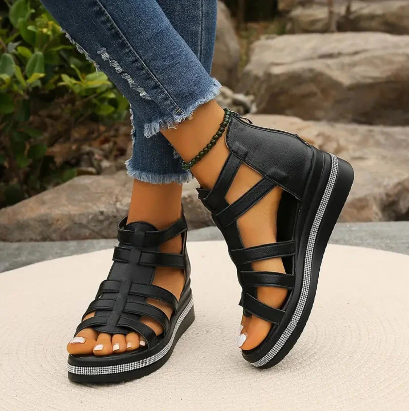 Sophie | Rhinestone Embellished Summer Event Wedge Synthetic Sandals