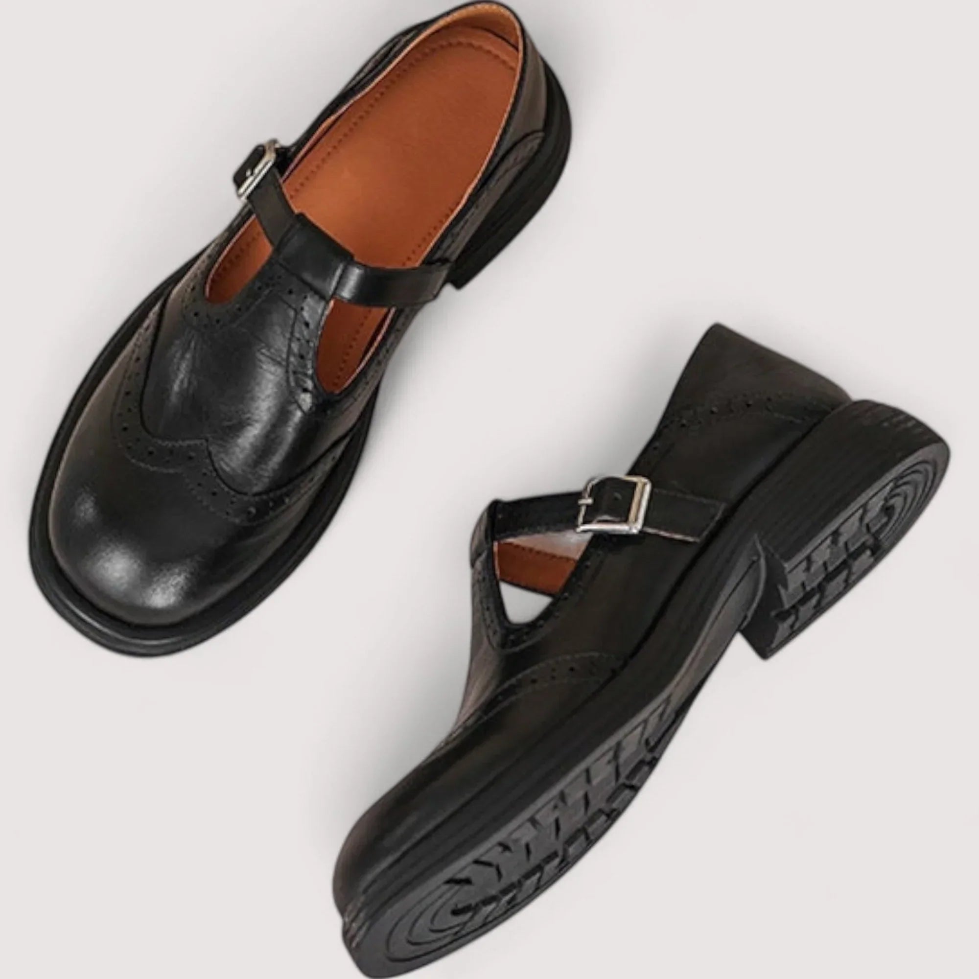 Women's T-Strap Shoes – Leather Structured Brogue Casual | Florence 2