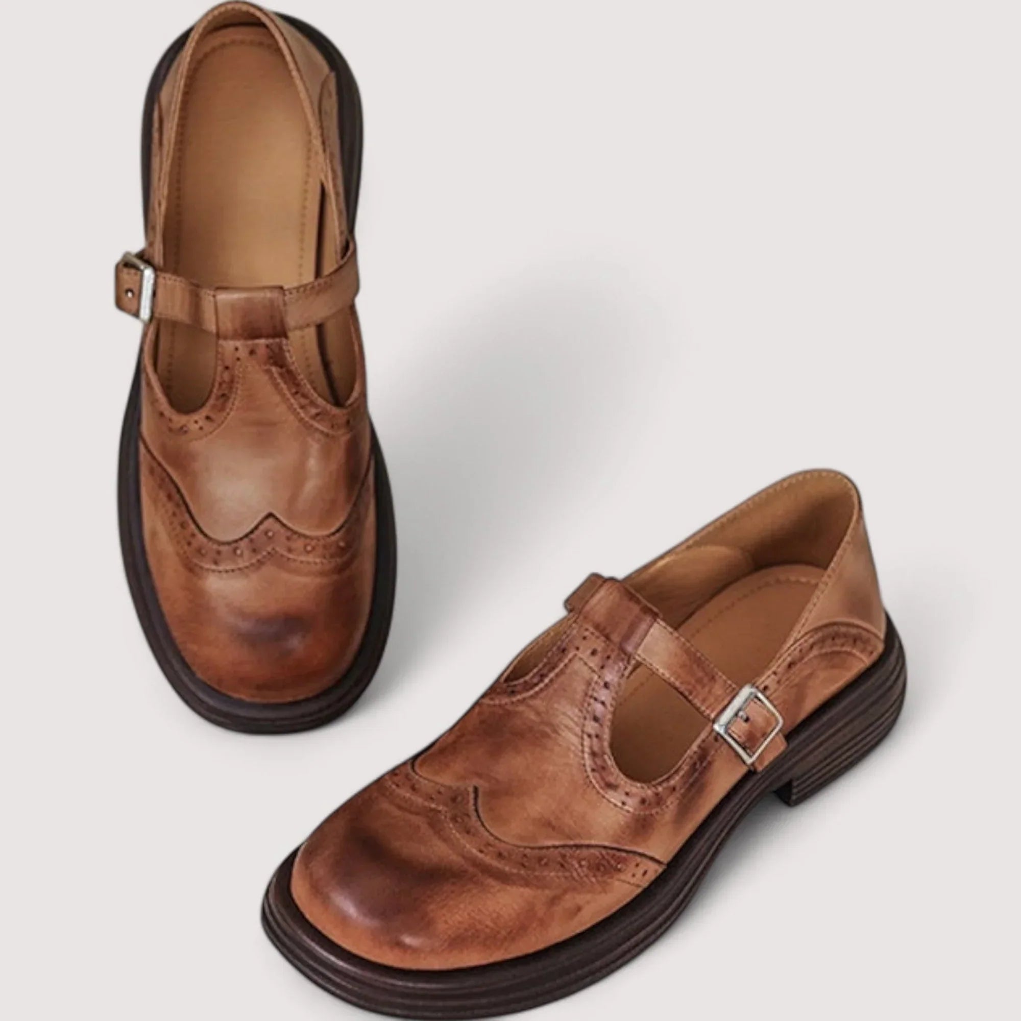 Women's T-Strap Shoes – Leather Structured Brogue Casual | Florence 3