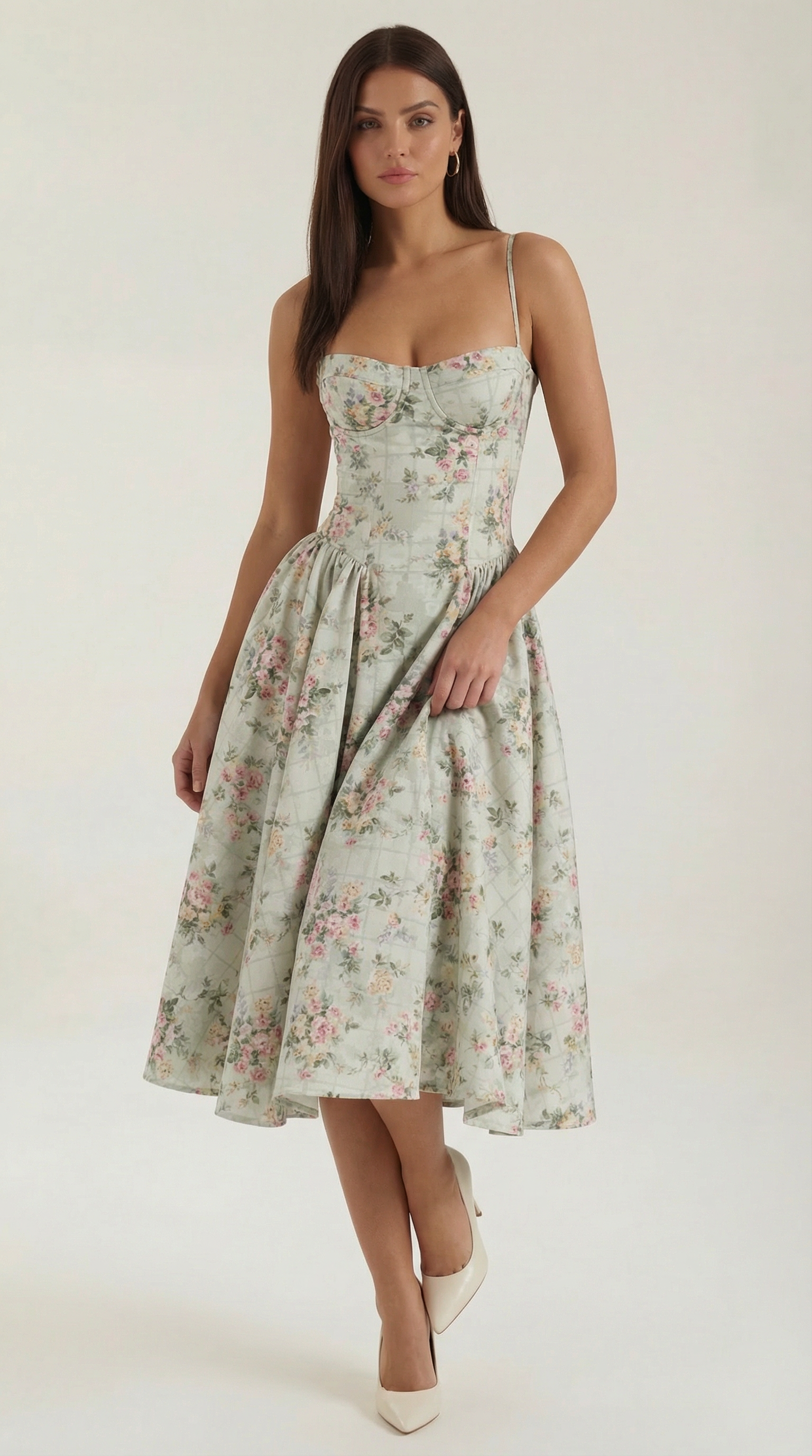 Inès | Floral Lattice Corset Midi Dress