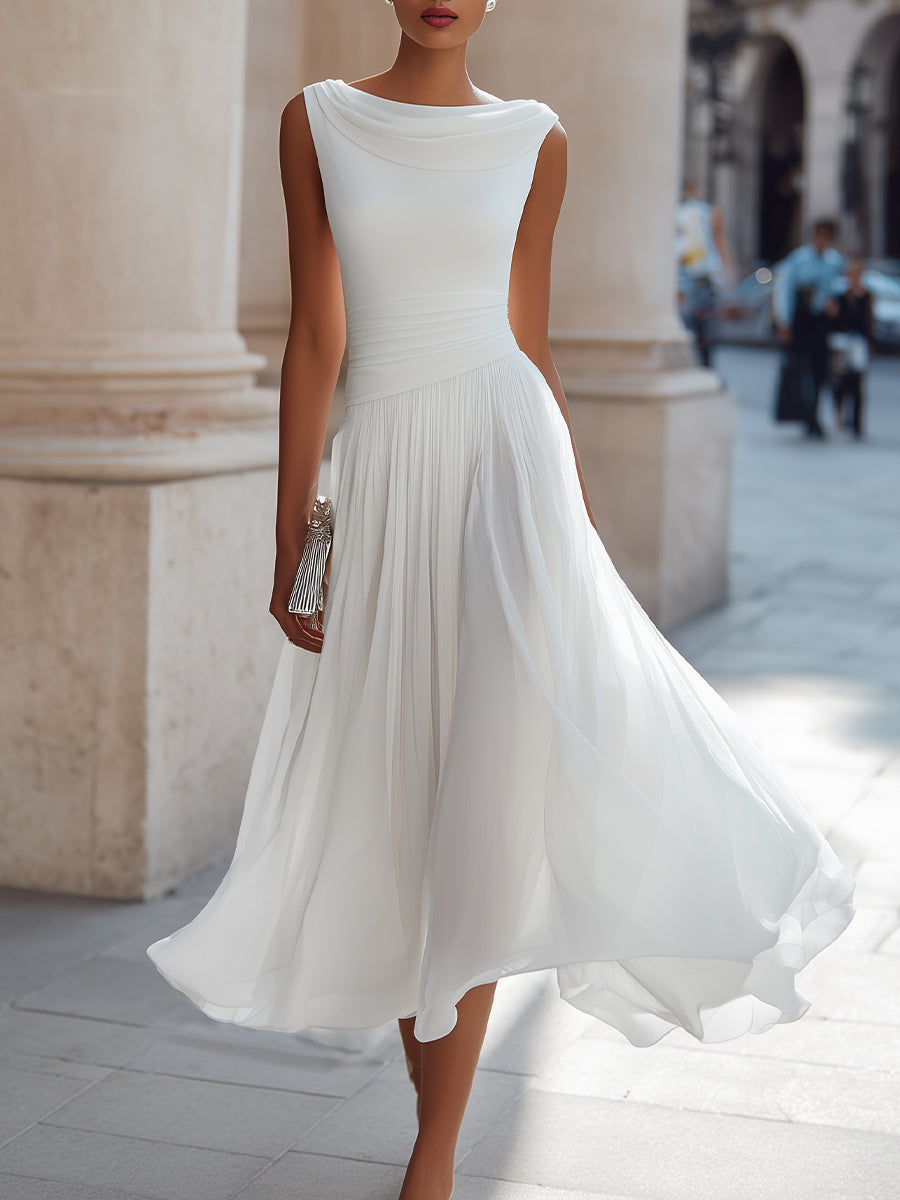 Isabella | Draped Neck Pleated Occasion Tailored Fit Midi Dress