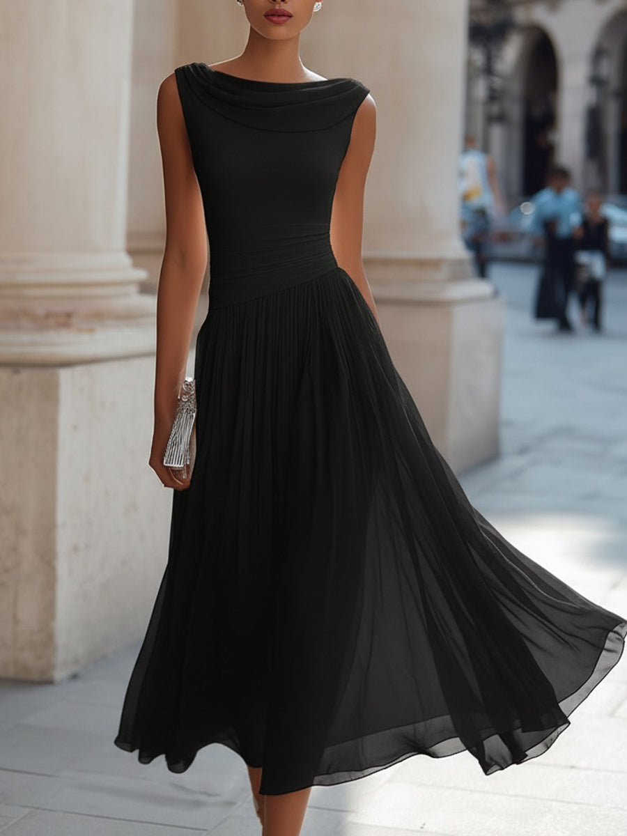 Isabella | Draped Neck Pleated Occasion Tailored Fit Midi Dress