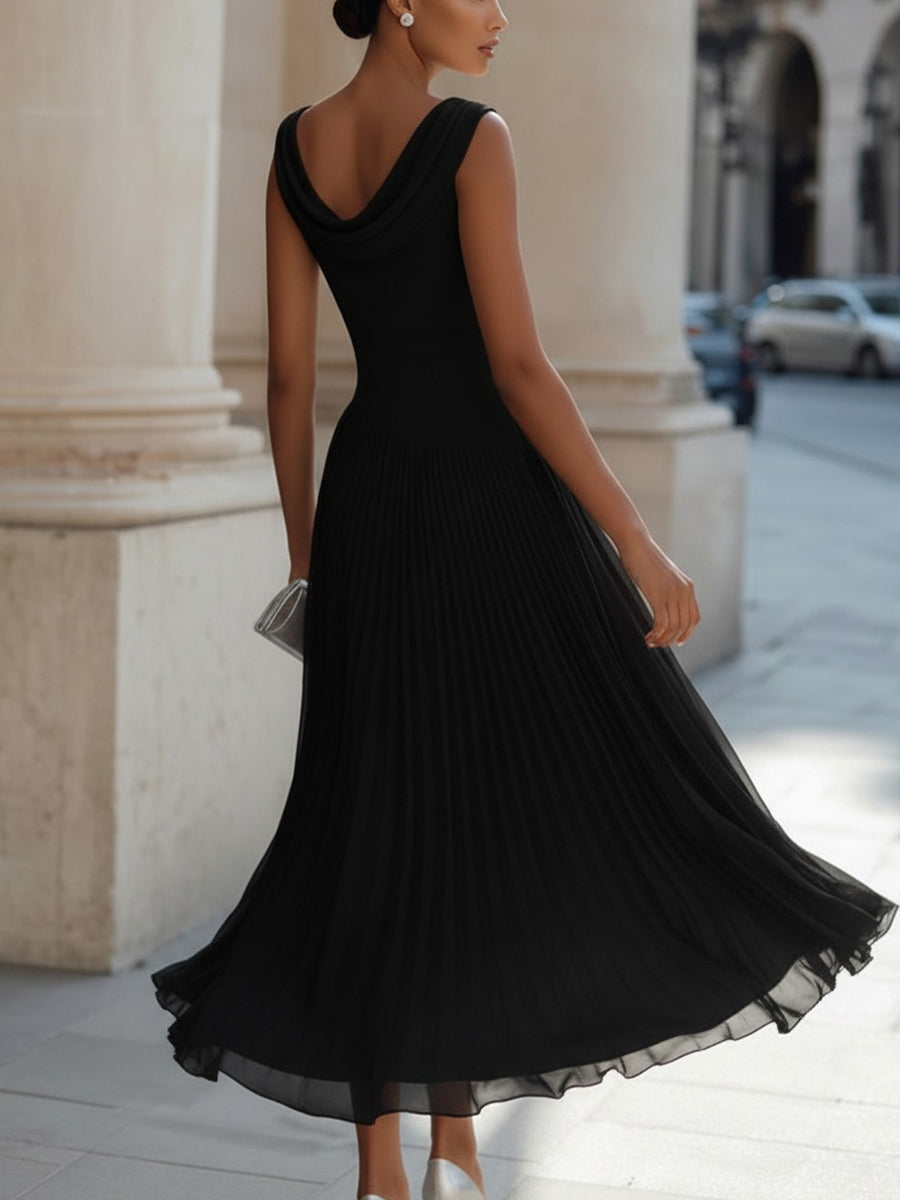 Isabella | Draped Neck Pleated Occasion Tailored Fit Midi Dress