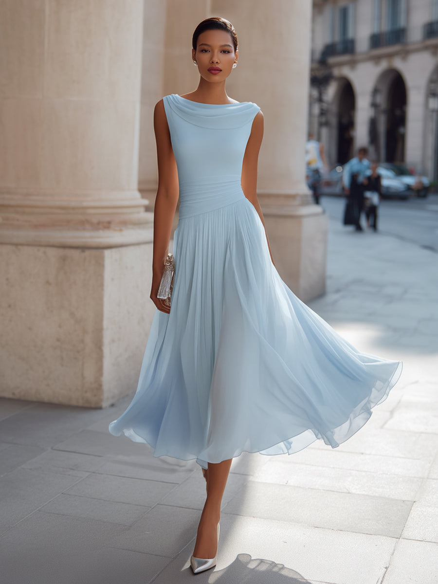 Isabella | Draped Neck Pleated Occasion Tailored Fit Midi Dress