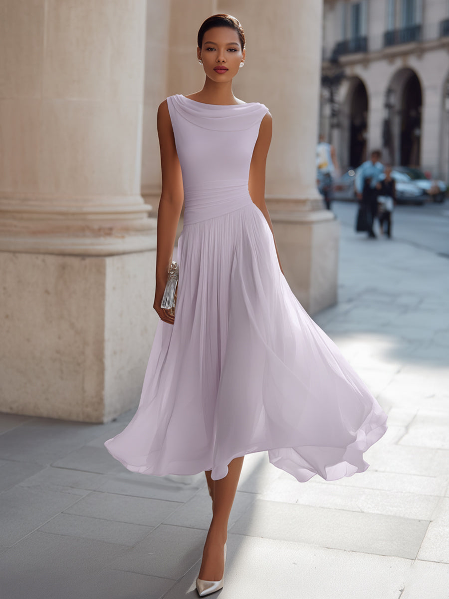 Isabella | Draped Neck Pleated Occasion Tailored Fit Midi Dress