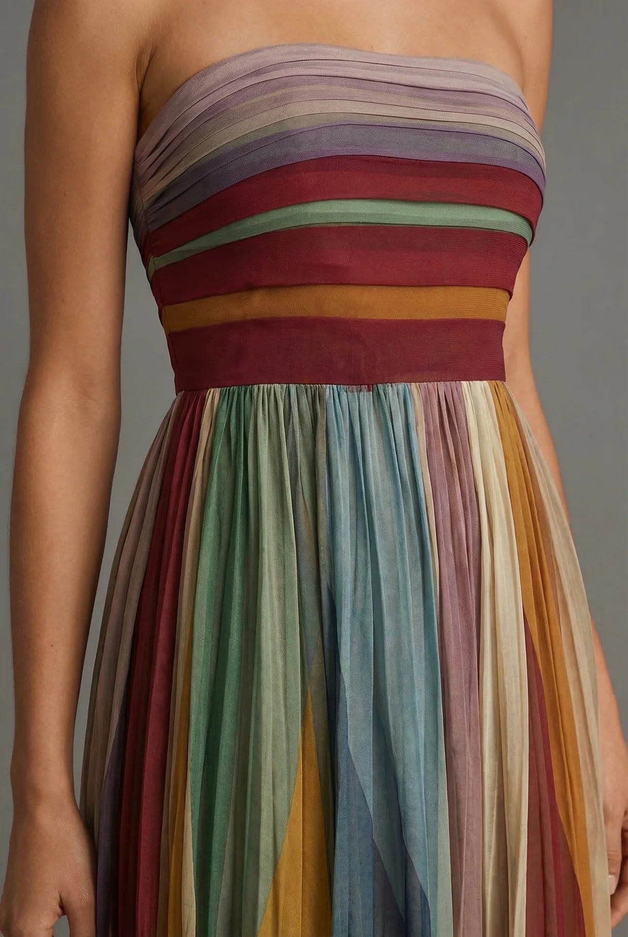 Hestia | Pleated Multi-Stripe Strapless Maxi Dress