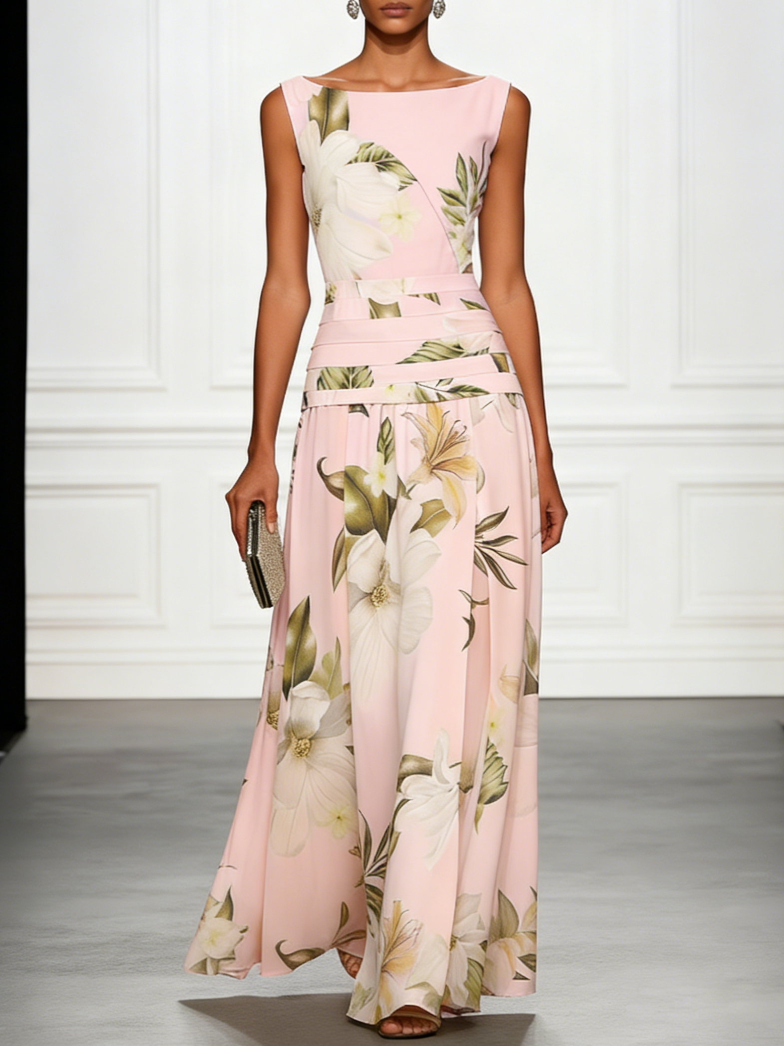 Isla | Sleeveless Boat Neck Wedding Guest Ruched Waist Maxi Dress