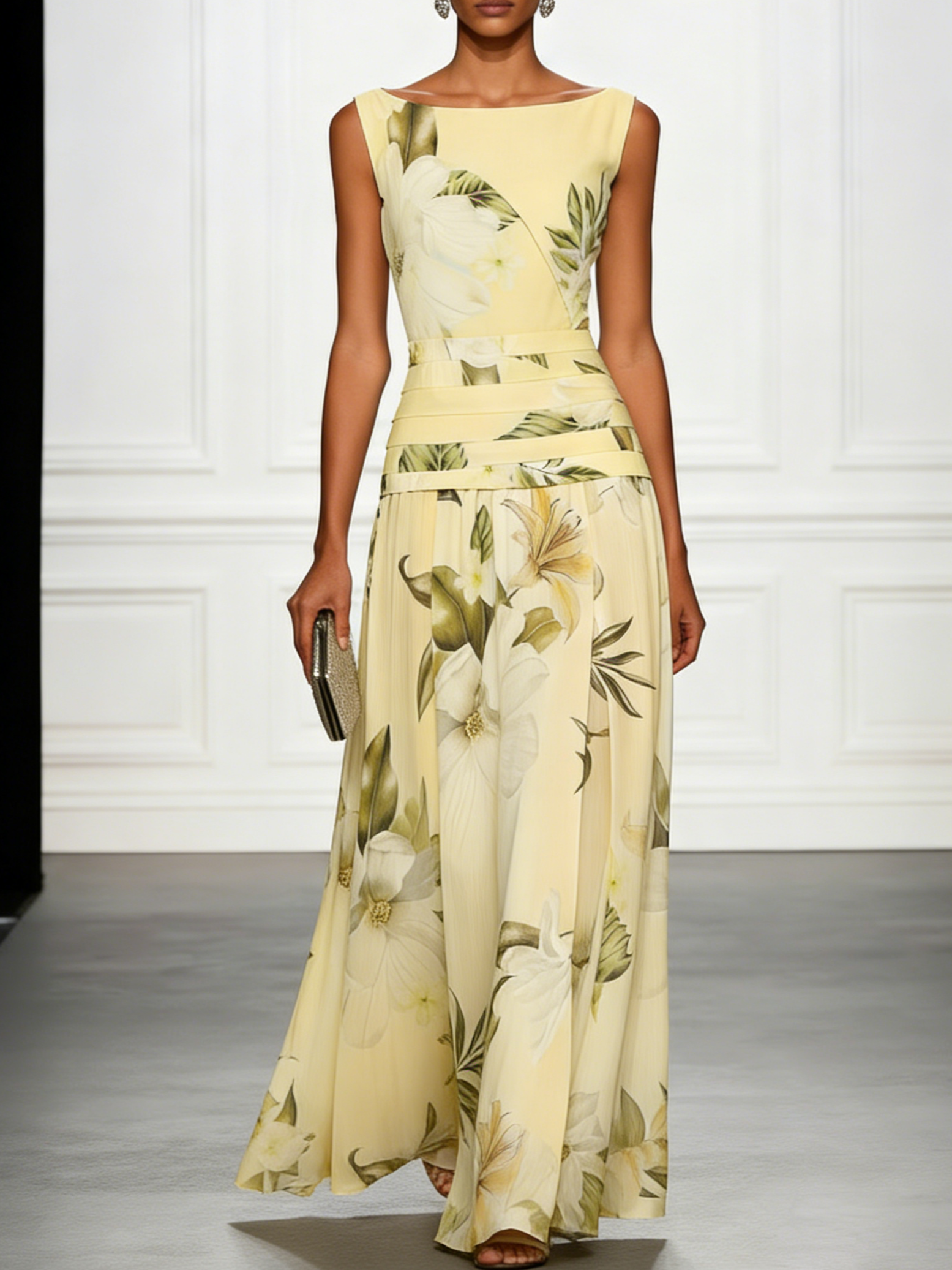Isla | Sleeveless Boat Neck Wedding Guest Ruched Waist Maxi Dress