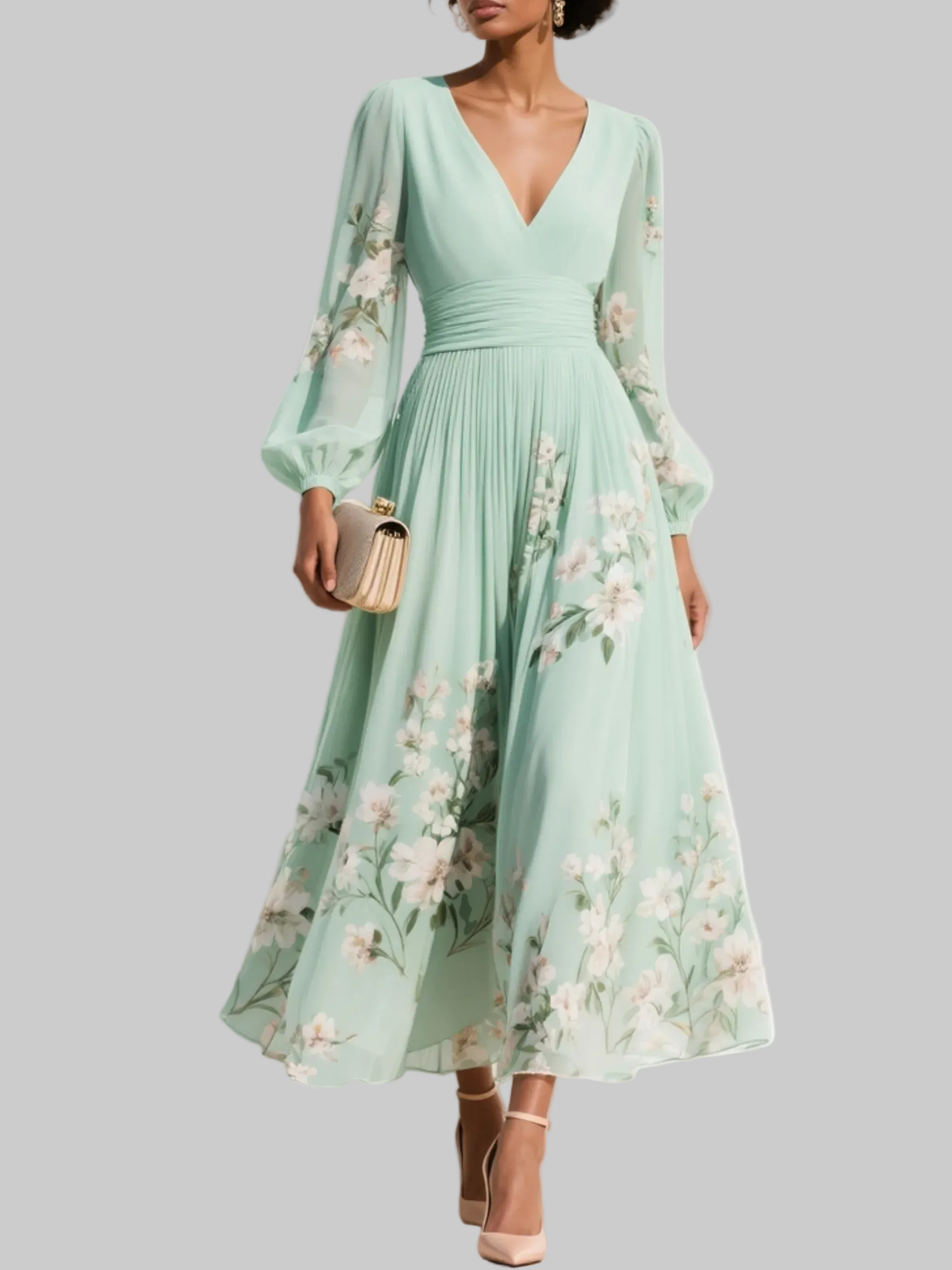 Lily | V-Neck Pleated Wedding Guest Dress Midi Fit