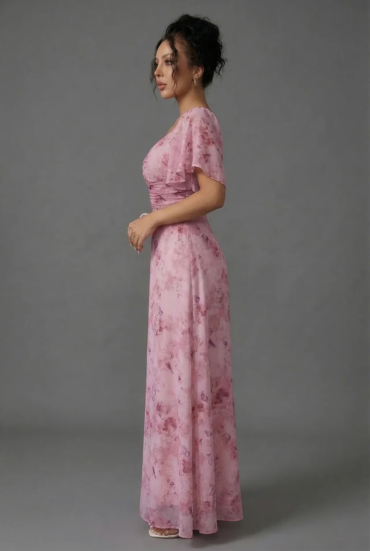 Grace | Floral Ruched Butterfly Sleeve Chiffon Maxi Dress