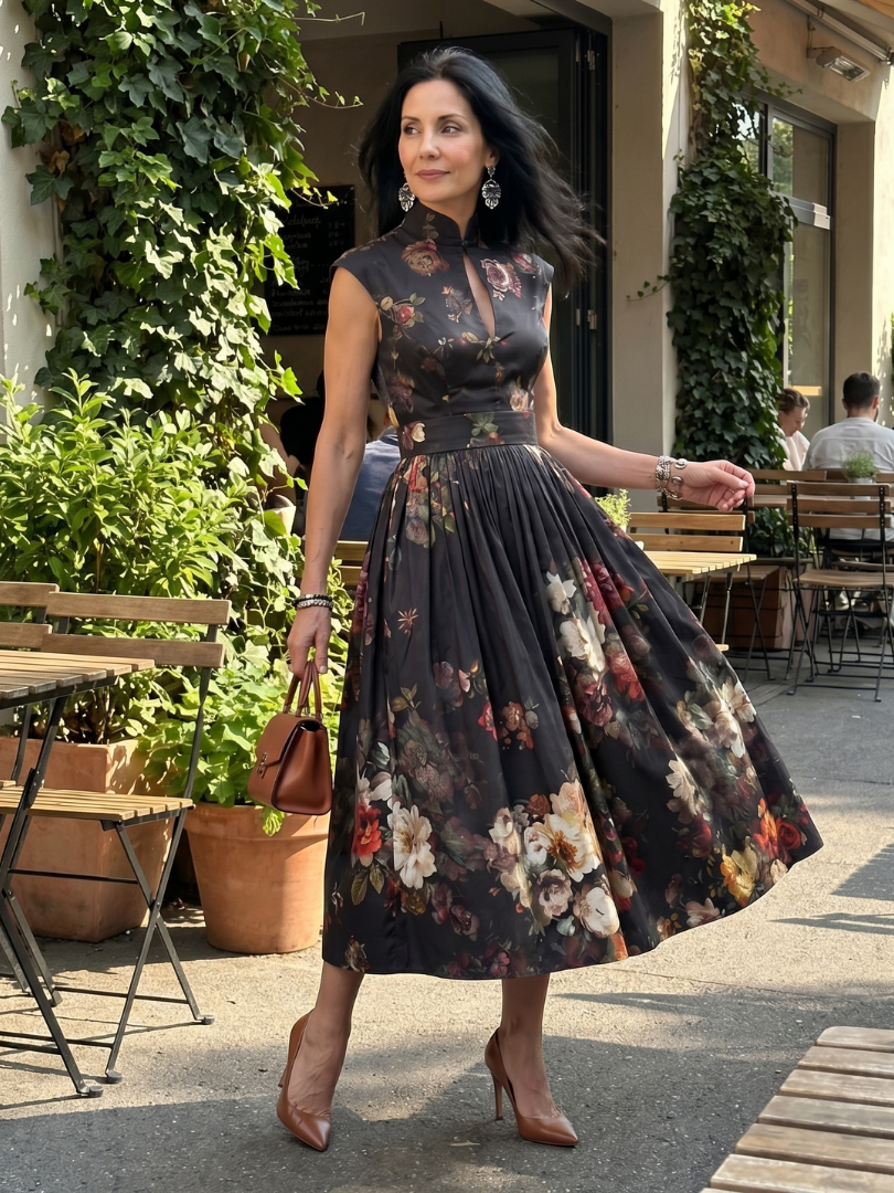 Amelia | High Neck Floral Midi Dress Pleated Fit Elegant