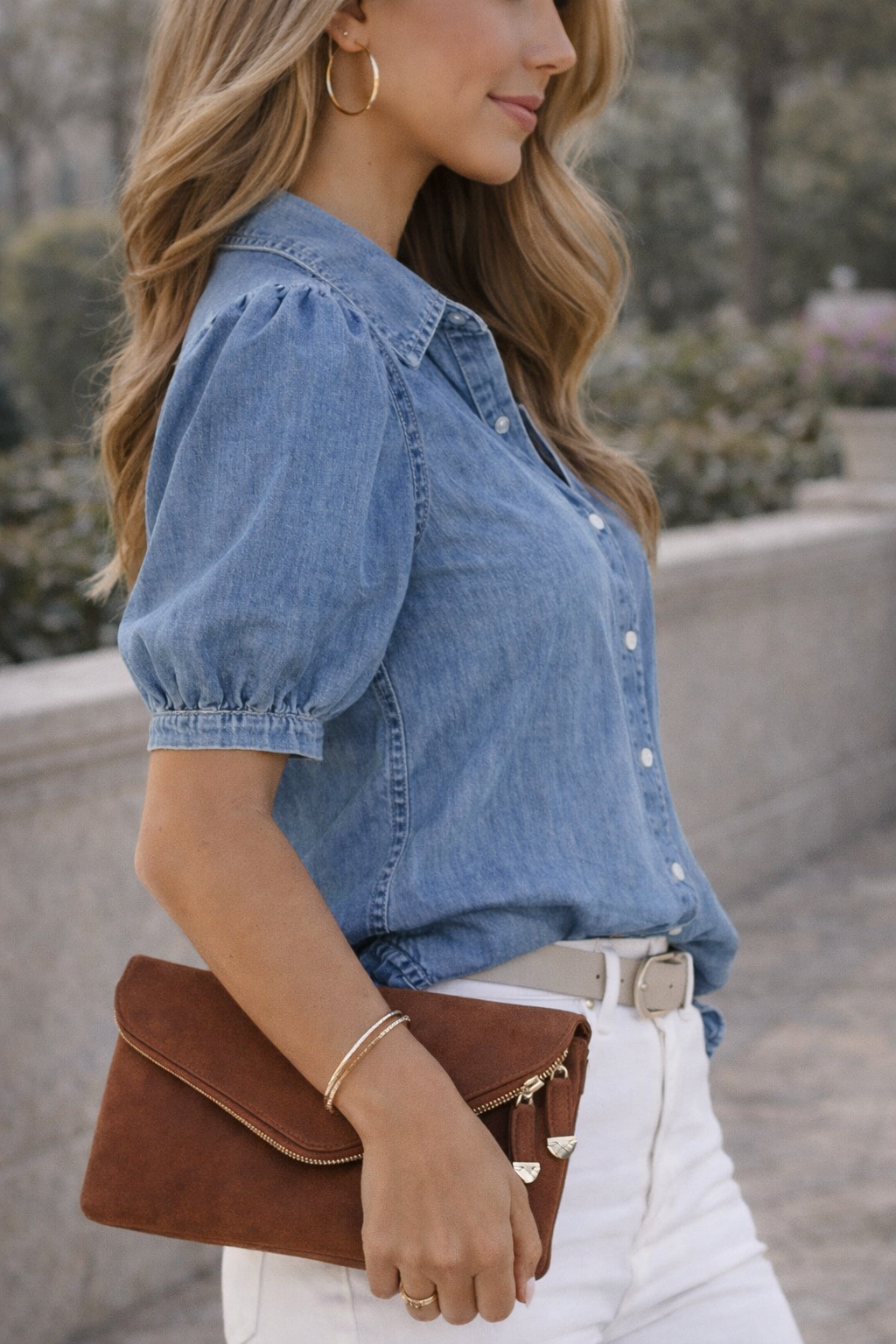 Sophie | Button-Up Puff Sleeve Casual Denim Regular Fit Blouse