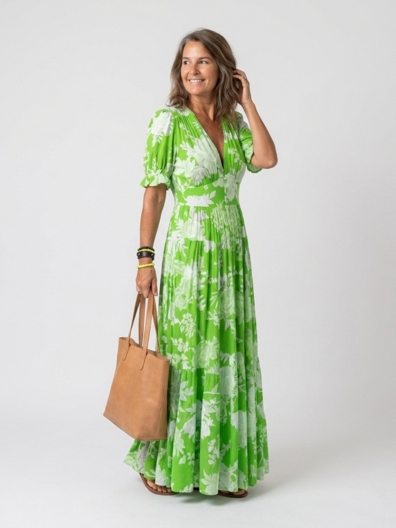 Emma | V Neck Casual Midi Dress Gathered Waist Relaxed Fit