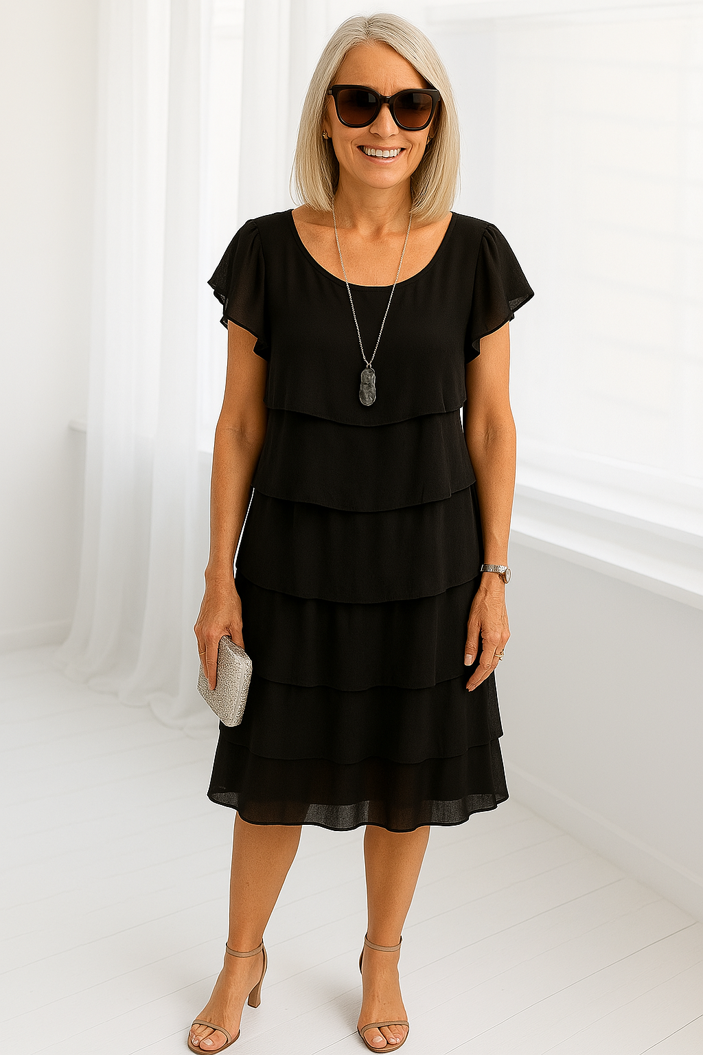 Sophie | Layered Short Sleeve Semi-Formal Fit Midi Dress