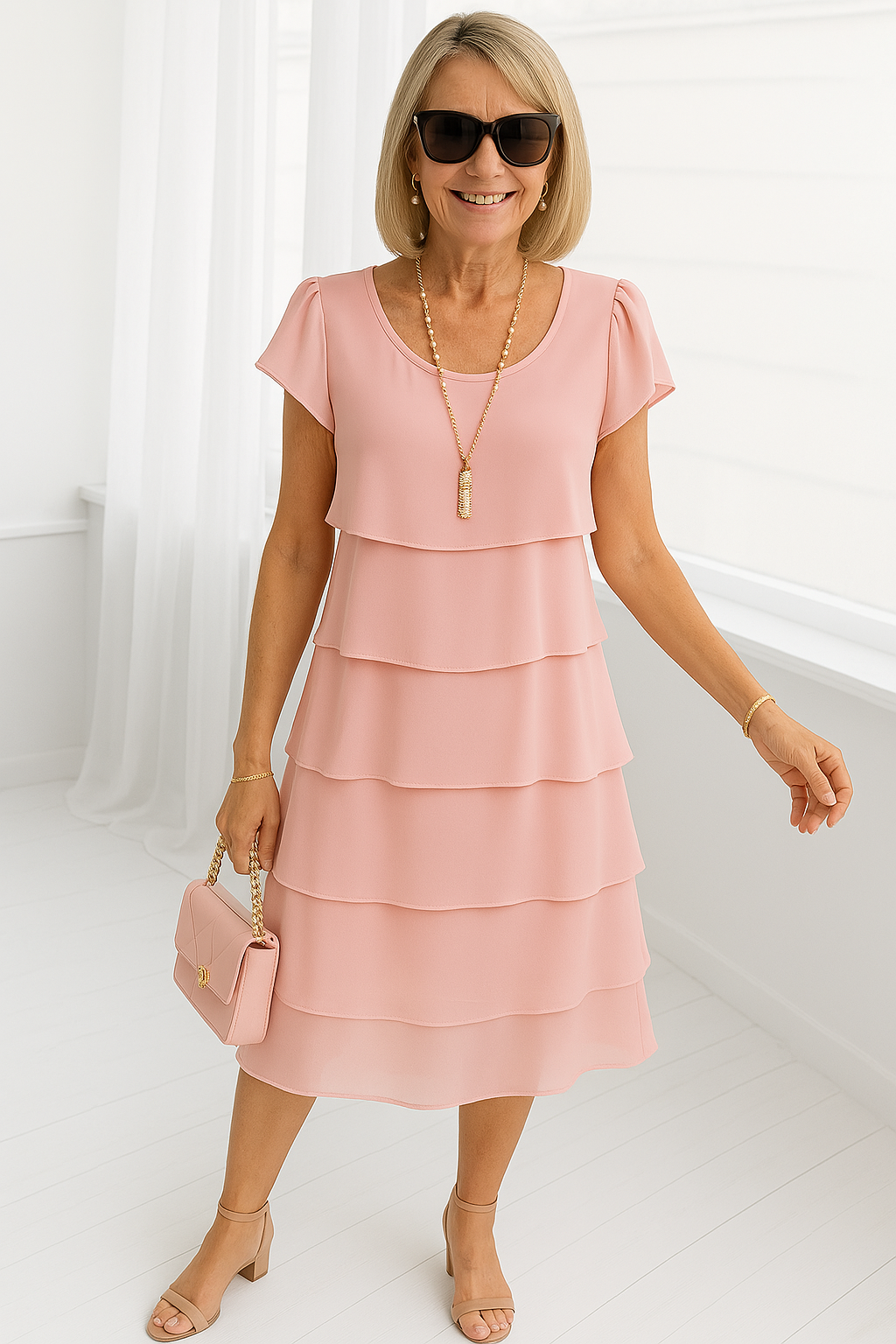 Sophie | Layered Short Sleeve Semi-Formal Fit Midi Dress