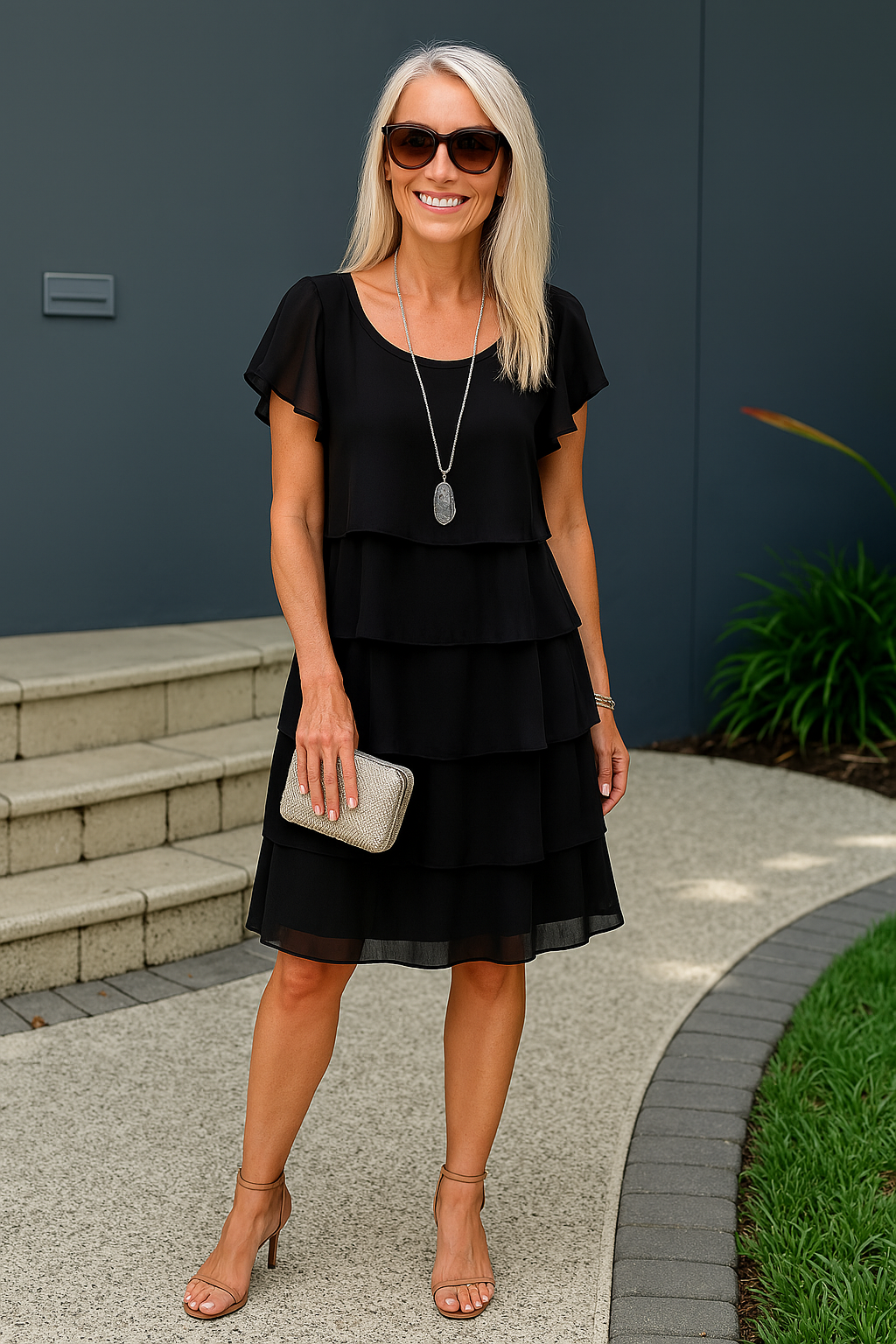 Sophie | Layered Short Sleeve Semi-Formal Fit Midi Dress