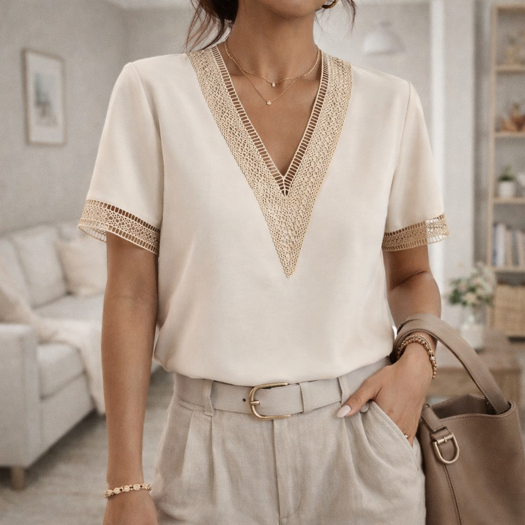 Emily | V-Neck Casual Lace Trim Relaxed Fit Top