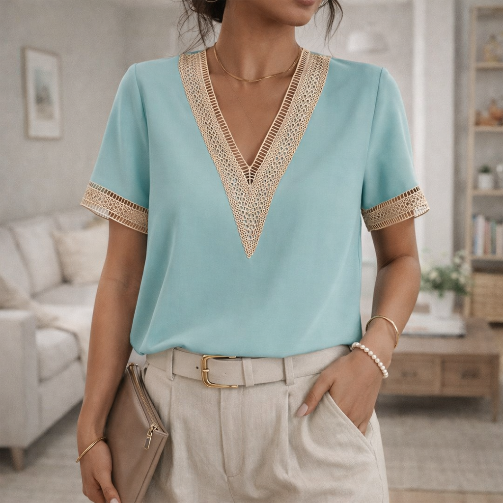 Emily | V-Neck Casual Lace Trim Relaxed Fit Top