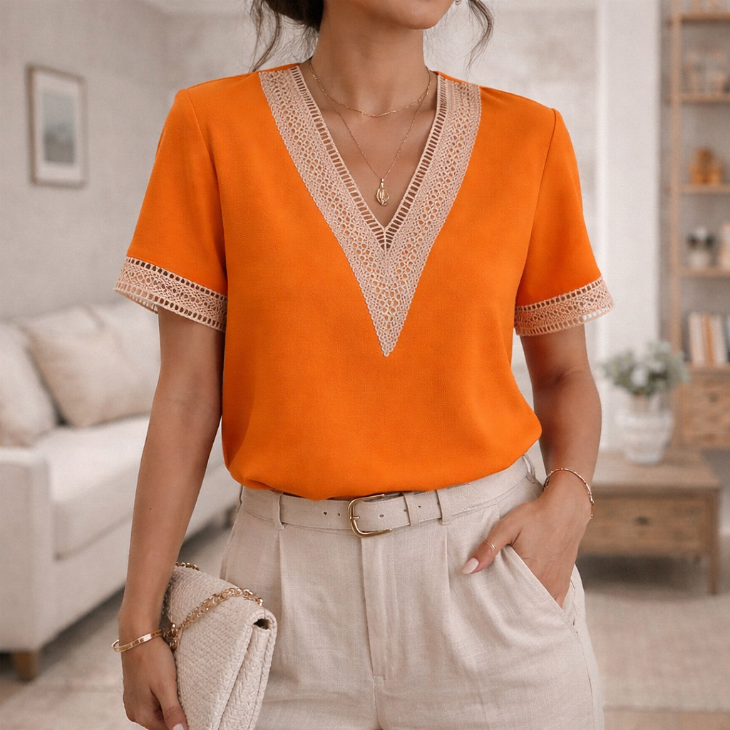 Emily | V-Neck Casual Lace Trim Relaxed Fit Top