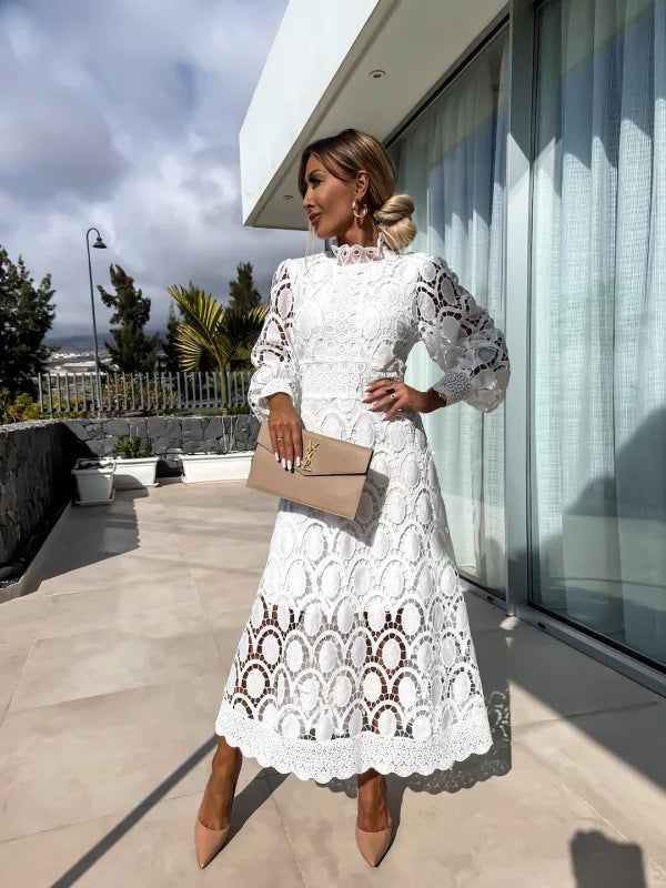Sienna | Guipure Lace Balloon Sleeve Midi Dress