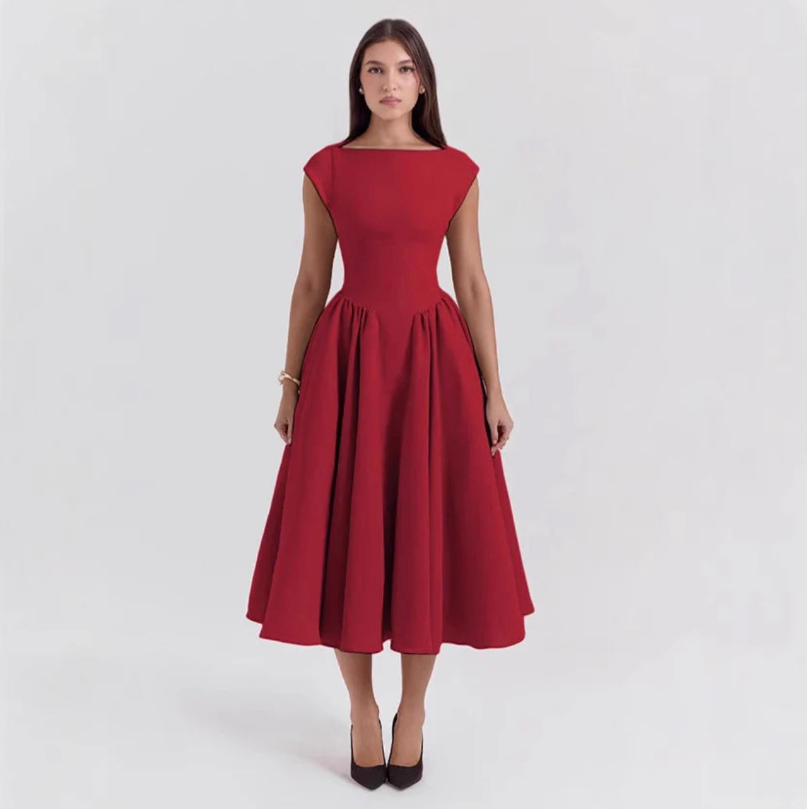 Olivia | Pleated Drop-Waist Midi Dress