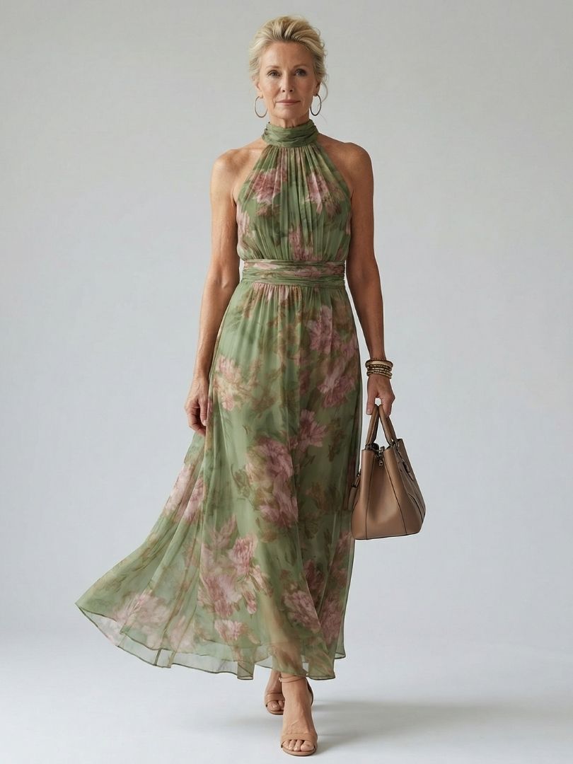 Henrietta | Women's Ruched Halter Wedding Guest Maxi Dress