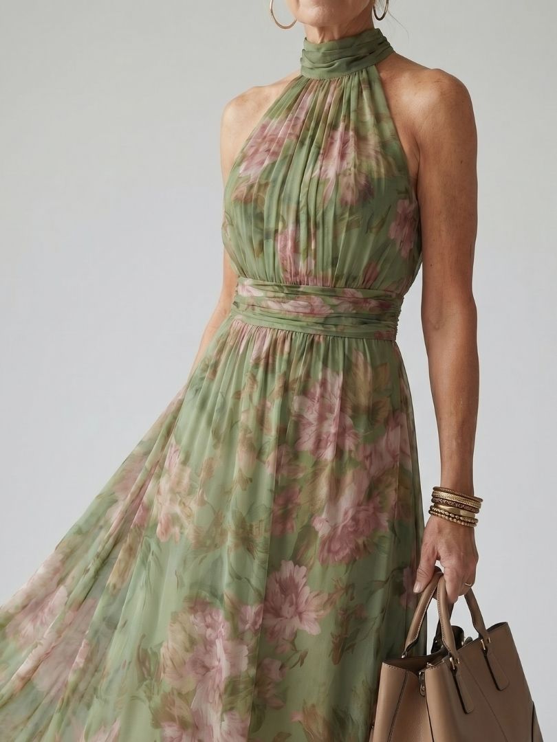 Henrietta | Women's Ruched Halter Wedding Guest Maxi Dress
