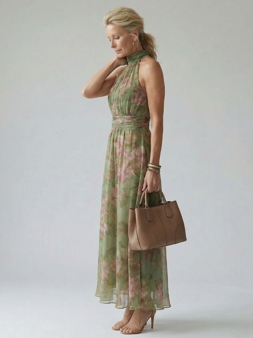 Henrietta | Women's Ruched Halter Wedding Guest Maxi Dress