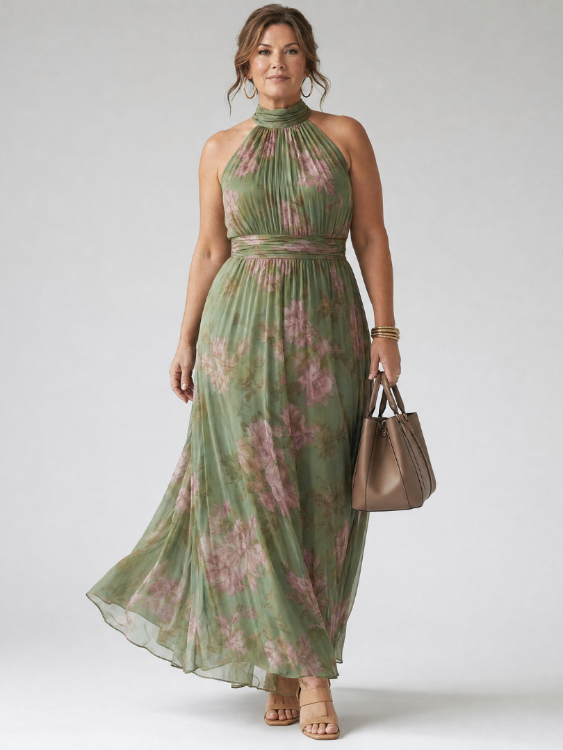 Henrietta | Women's Ruched Halter Wedding Guest Maxi Dress