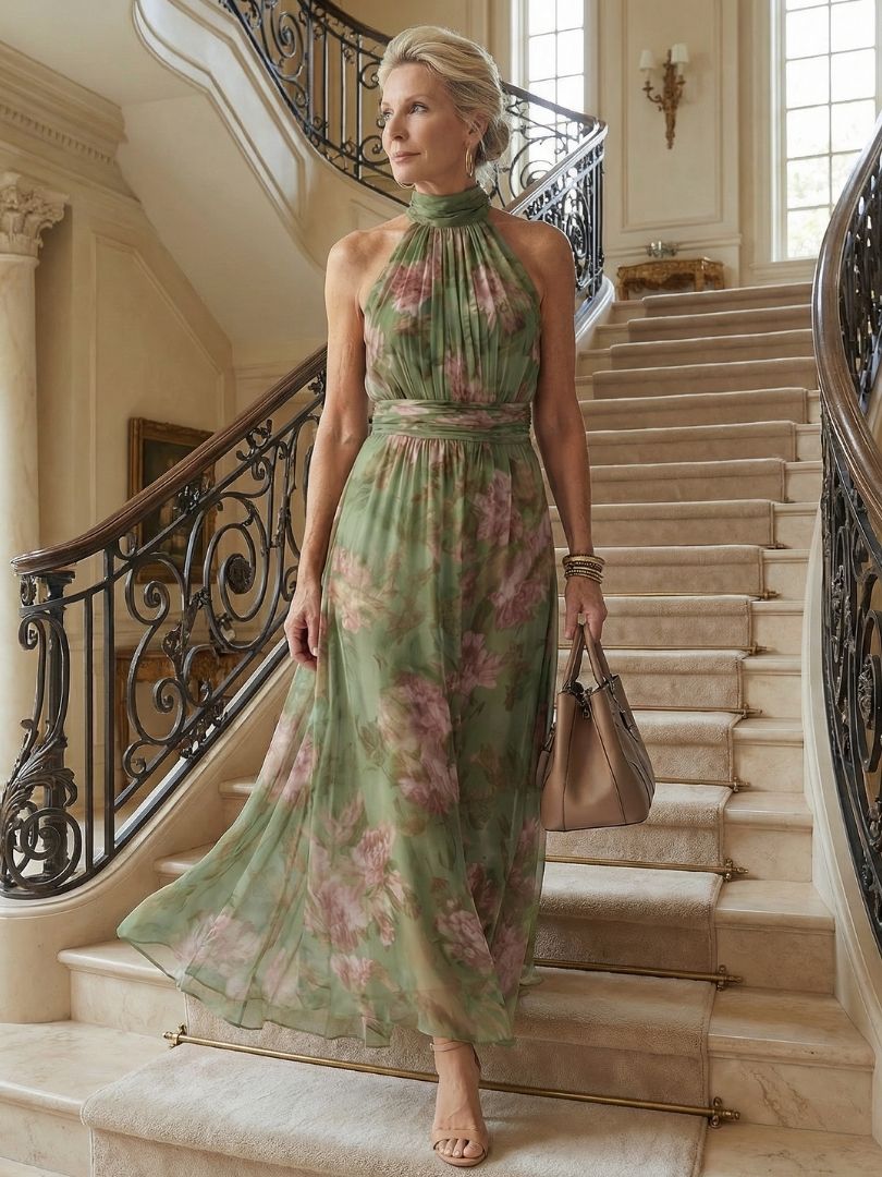 Henrietta | Women's Ruched Halter Wedding Guest Maxi Dress