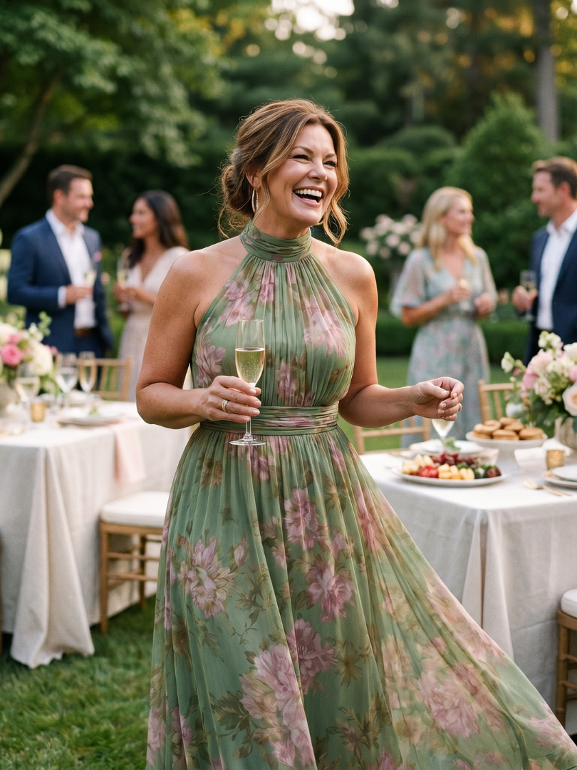 Henrietta | Women's Ruched Halter Wedding Guest Maxi Dress