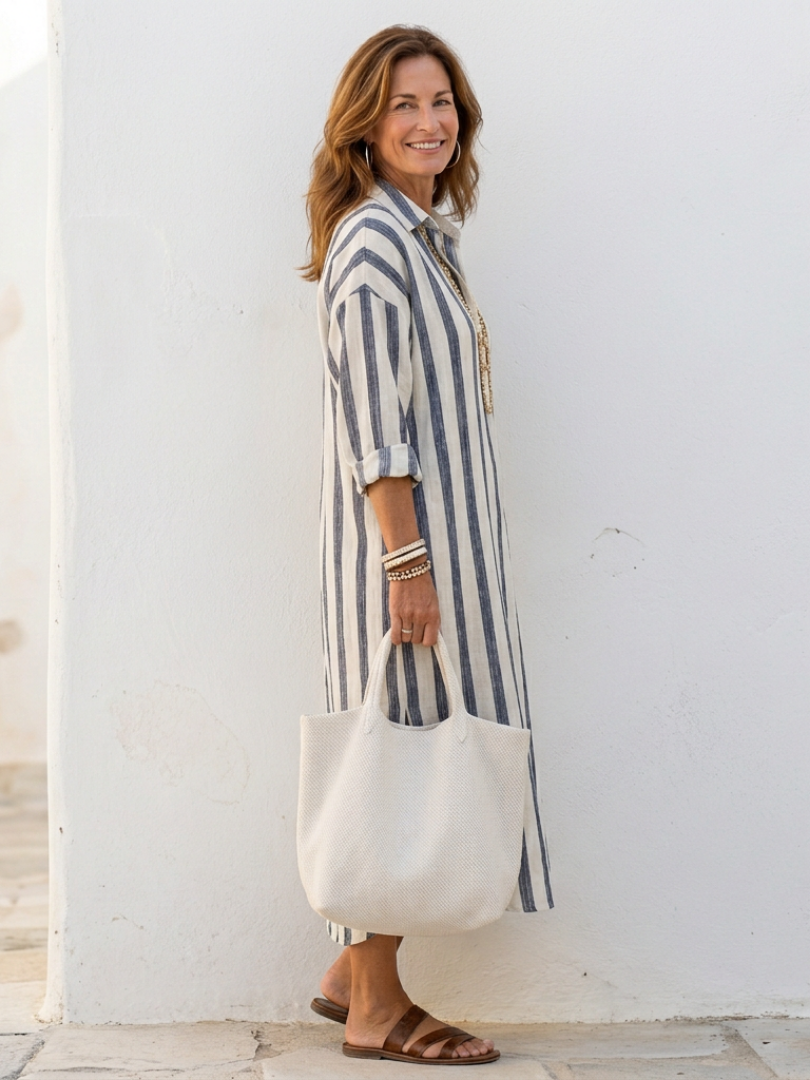 Emma | Striped Casual Midi Dress Relaxed Fit Long Sleeve