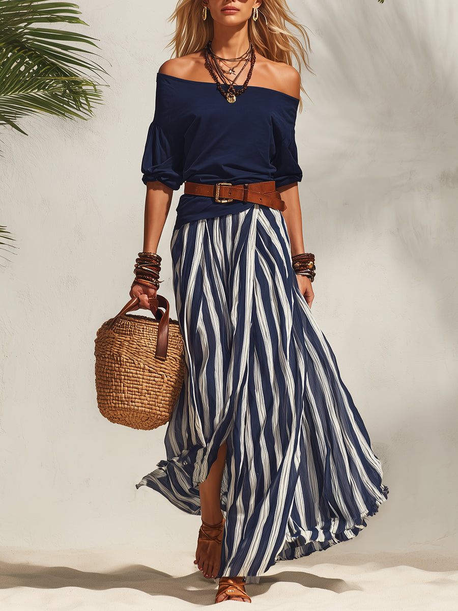 Lily | Off-Shoulder Nautical Casual Relaxed Fit Two-Piece Set