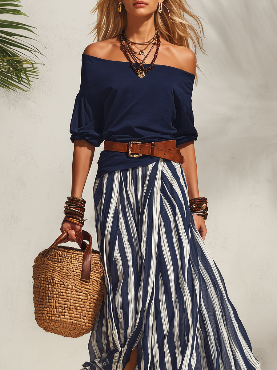 Lily | Off-Shoulder Nautical Casual Relaxed Fit Two-Piece Set