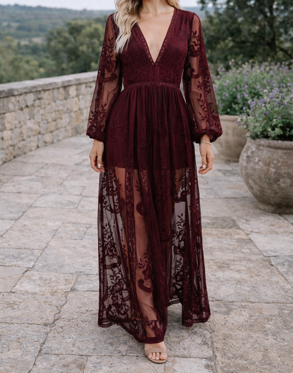 Women's Maxi Dress – Floral Lace Sheer Elegant Evening | Florence 3