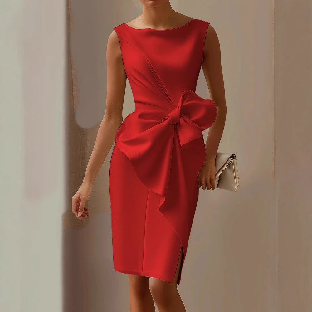 Isabella | Sleeveless Draped Cocktail Dress Tailored Fit Oversized Bow
