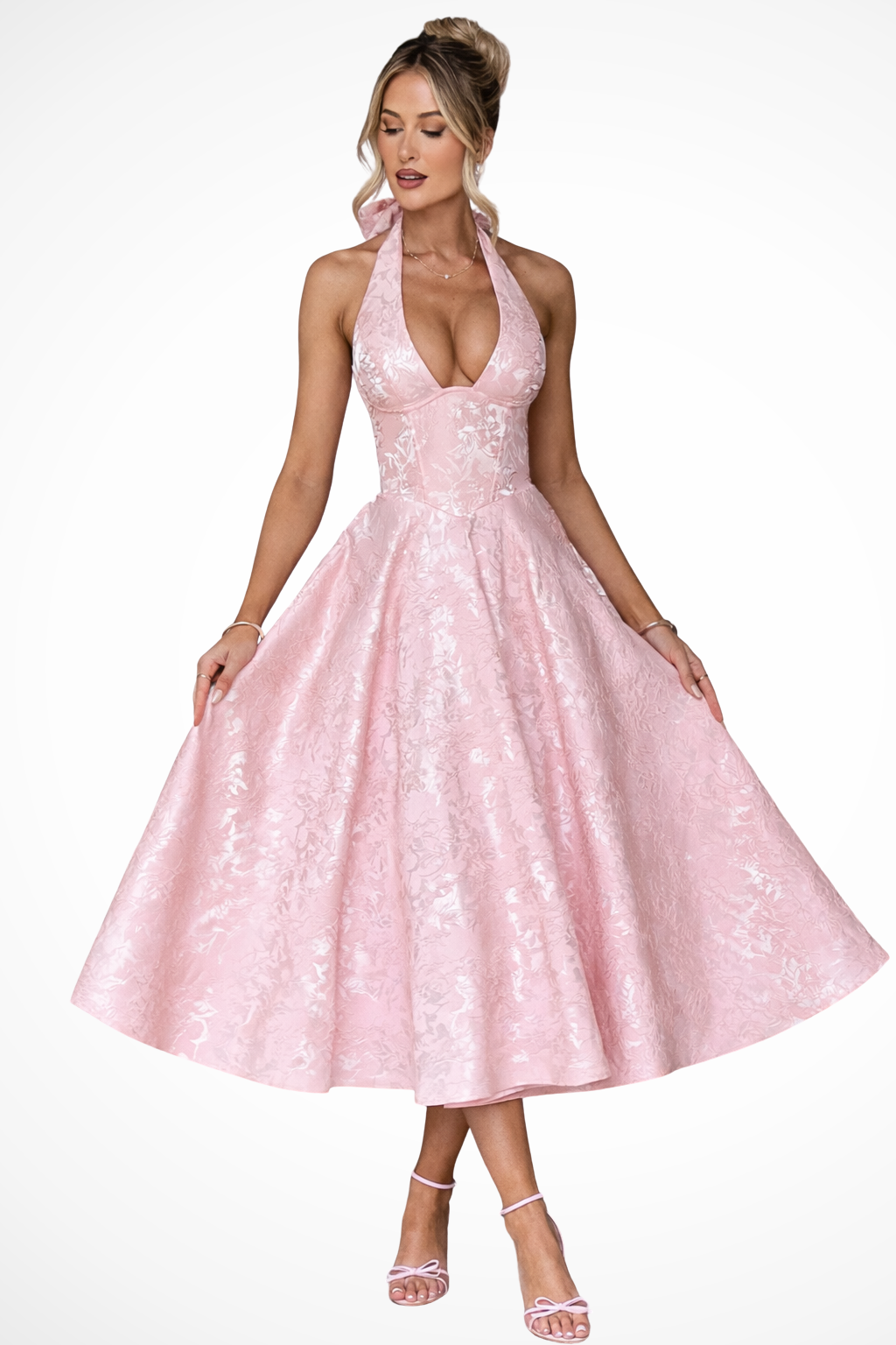 Rebecca | Floral Jacquard Halter Midi Dress