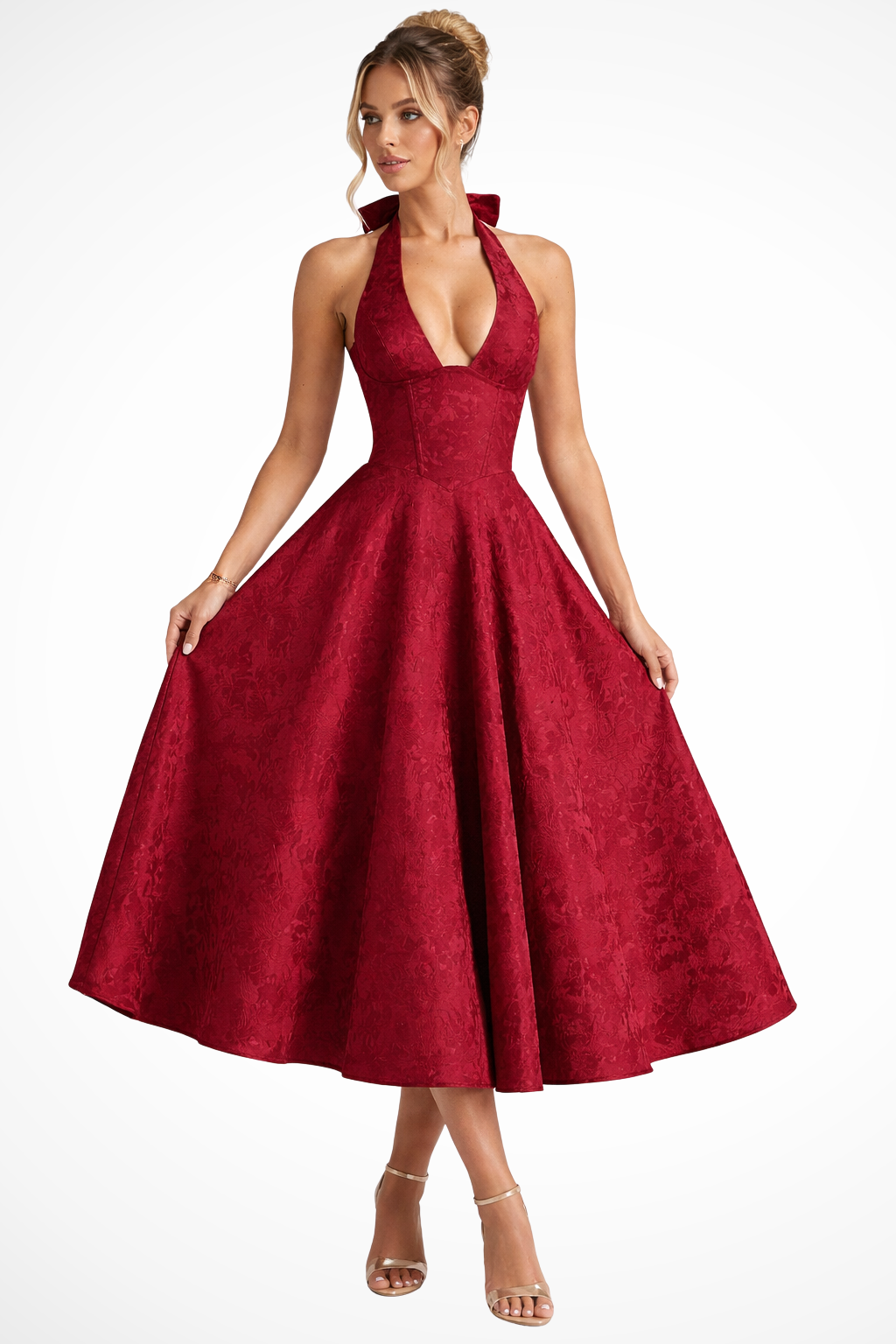 Women's Midi Dress – Floral Jacquard Halter Neck Formal | Amelia 6