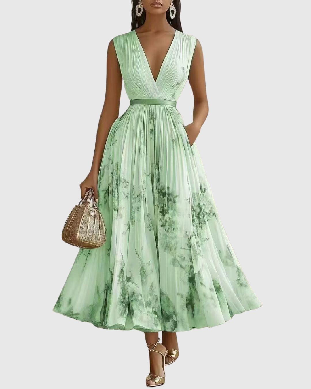 Women's Midi Dress – Lightweight Pleated V-Neck Formal | Amelia 10