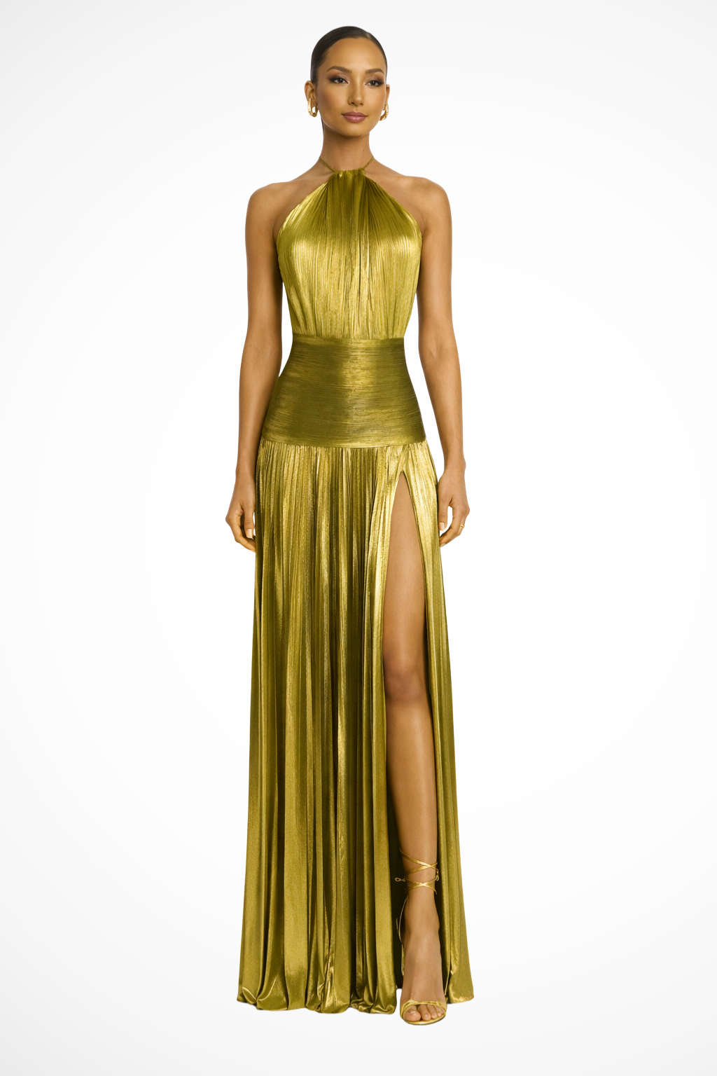 Willa | Pleated Lamé Halter Maxi Dress