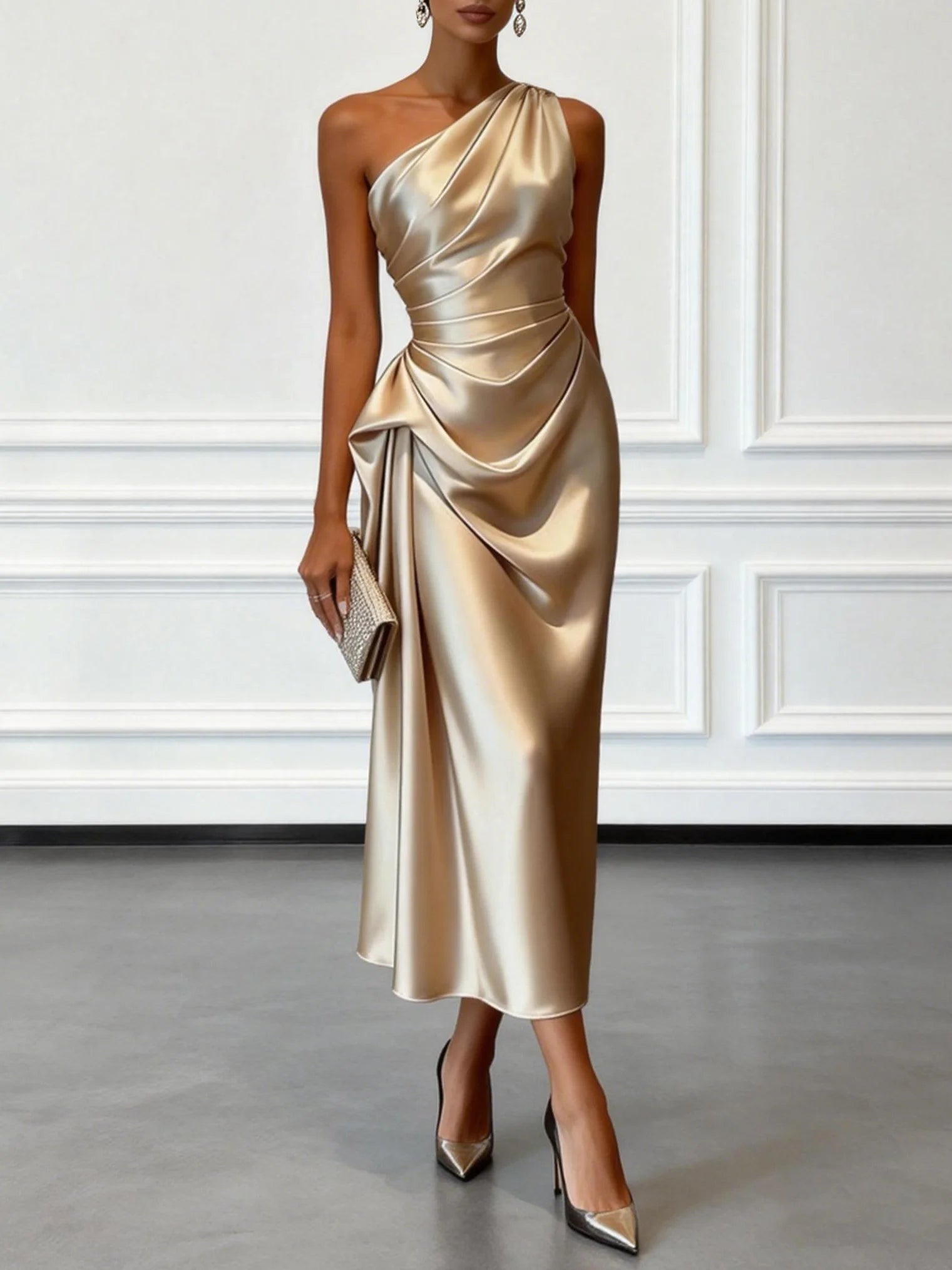 Isla | One-Shoulder Ruched Wedding Guest Sheath Midi Dress