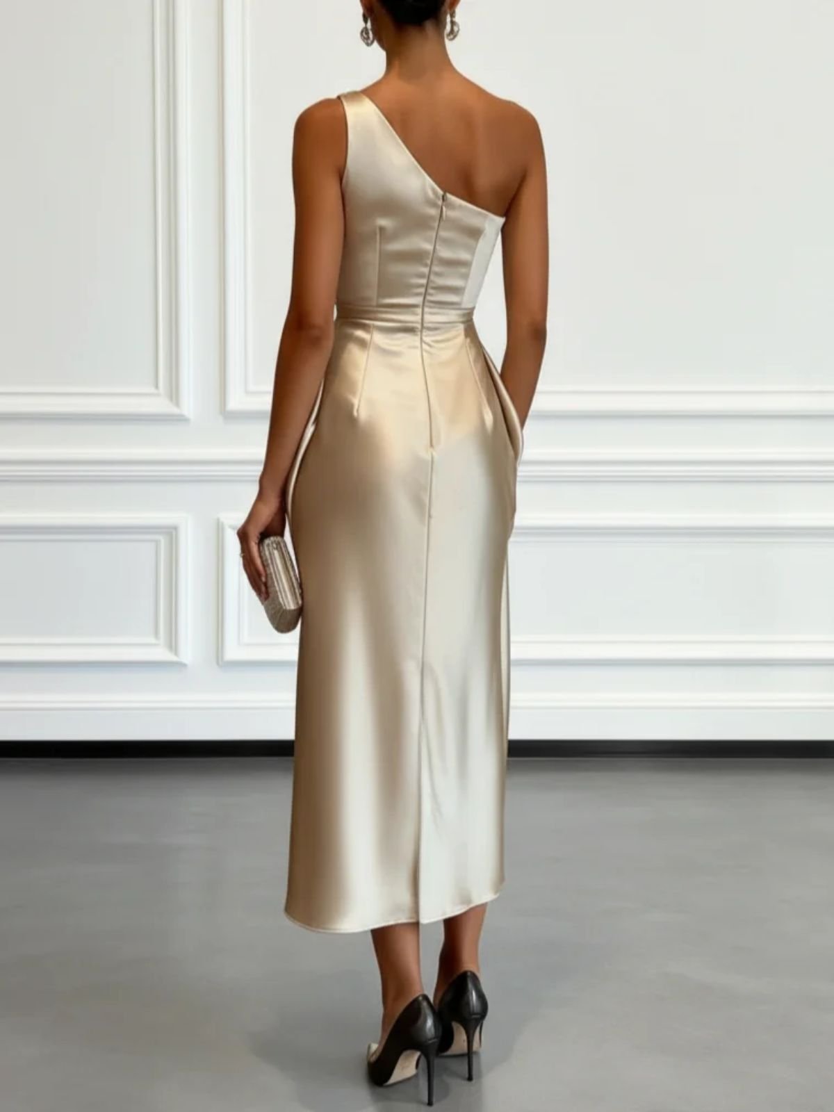 Isla | One-Shoulder Ruched Wedding Guest Sheath Midi Dress