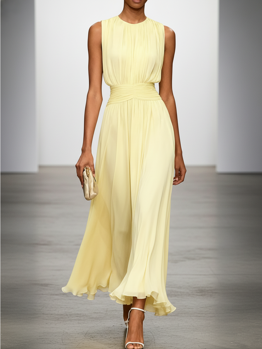 Lily | Ruched Waist Sleeveless Wedding Guest A-Line Maxi Dress