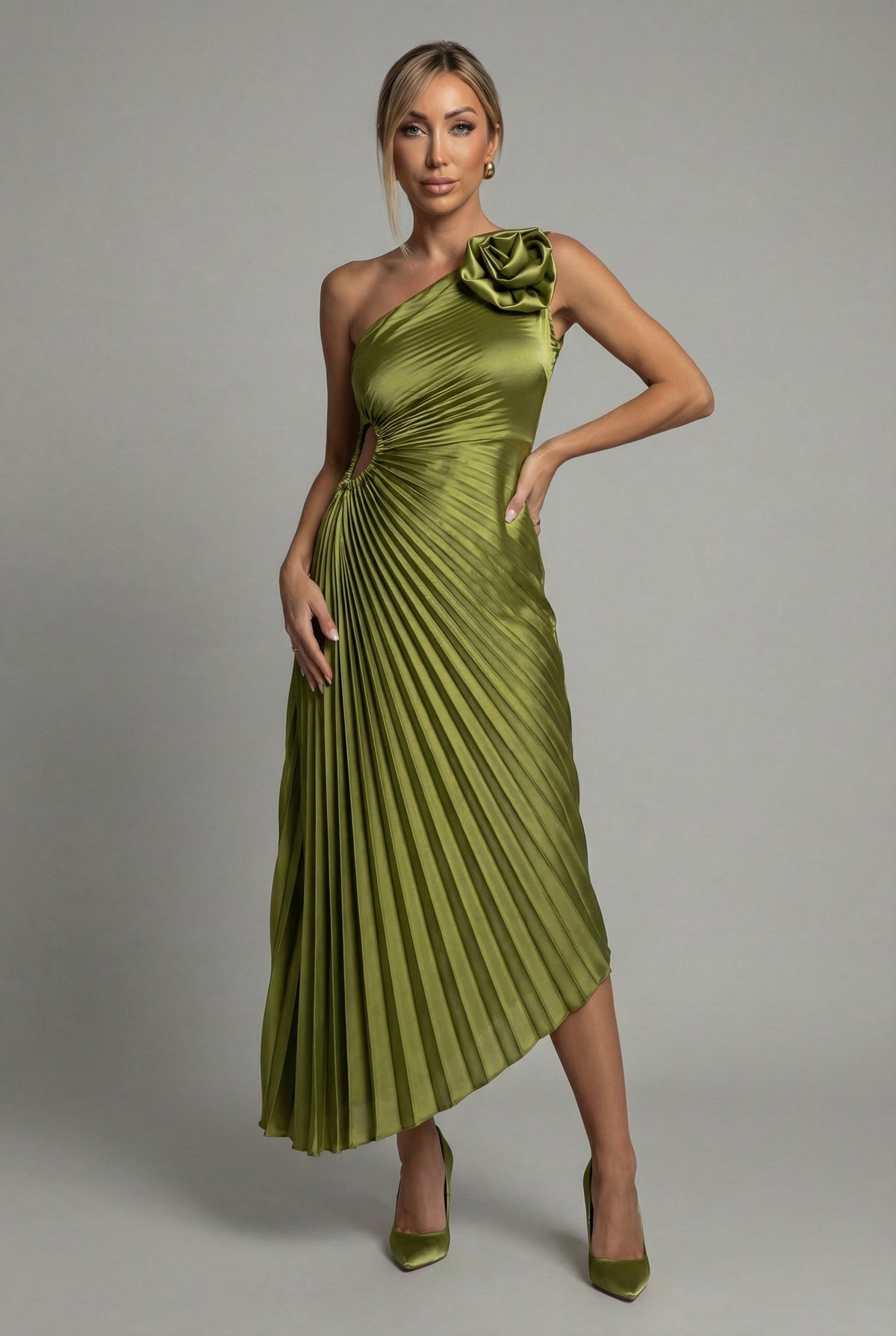 one shoulder pleated midi dress Isla This trendy one My Height is:Regular (5'2