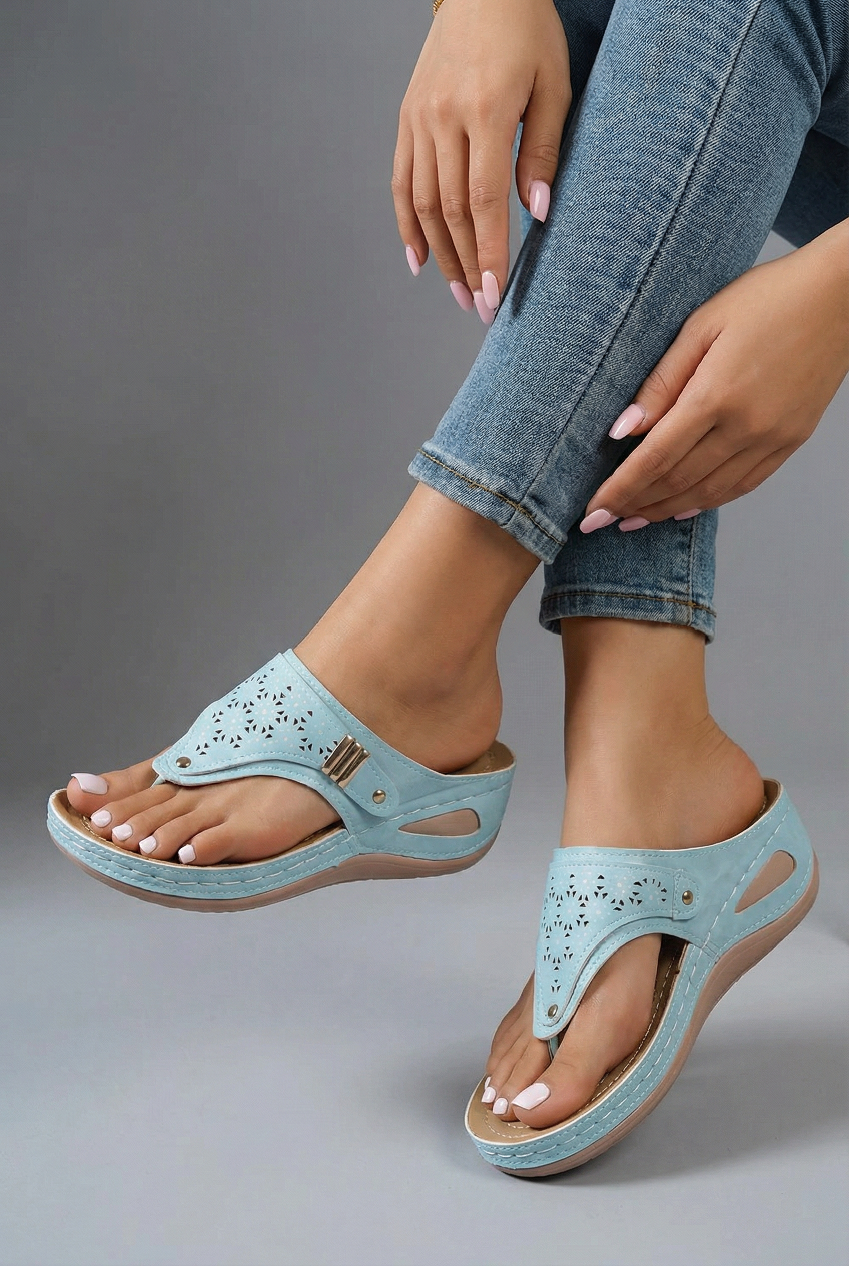 Women's Wedge Sandals – Faux Leather Perforated Thong Summer | Amelia 1