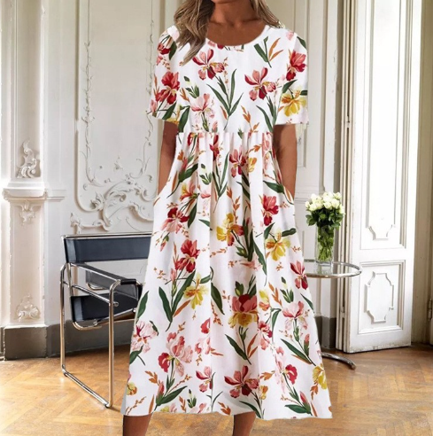 Lily | Floral Midi Daywear Flared Fit Dress Short Sleeve