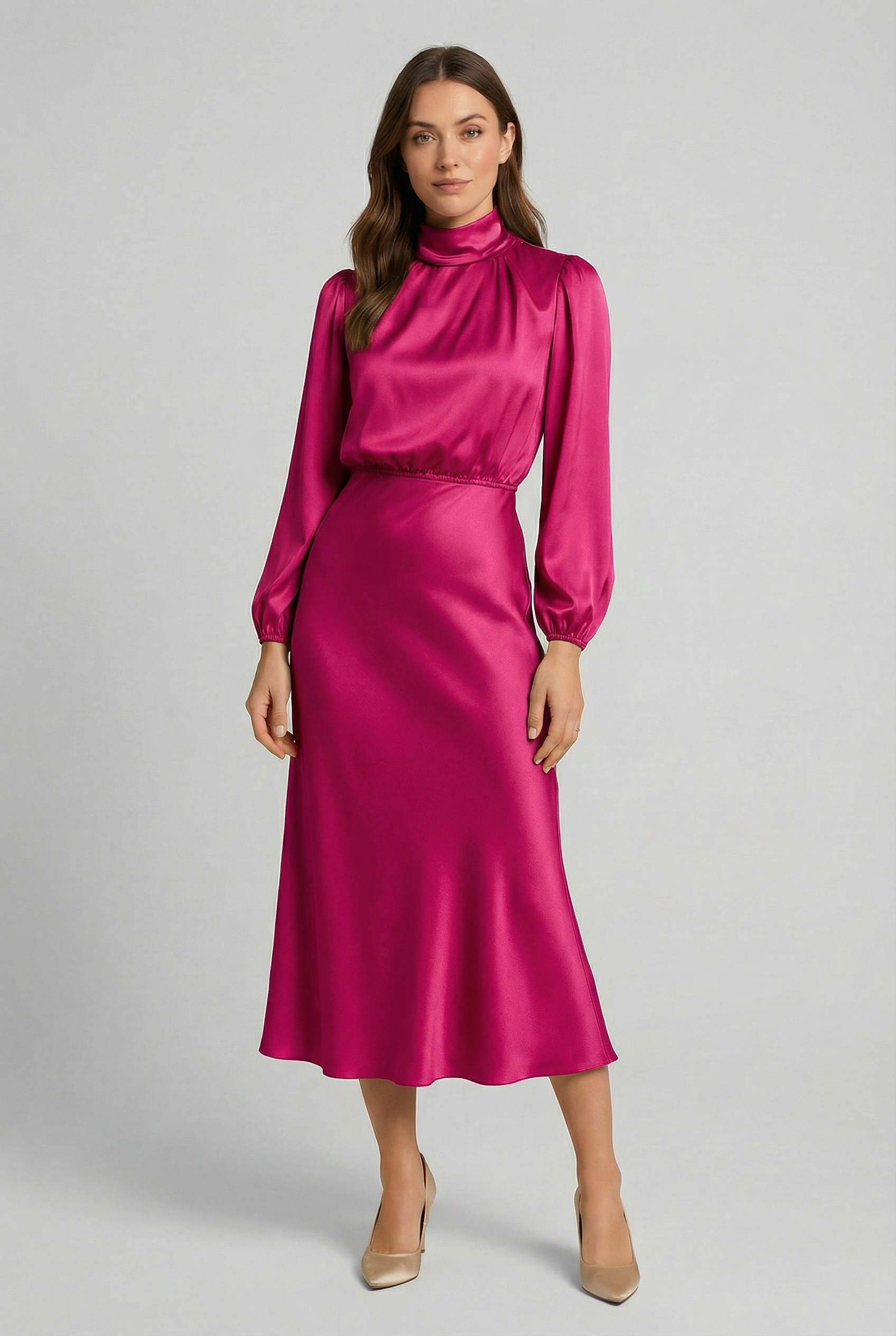 Women's Midi Dress – Silk Satin Mock Neck Formal | Amelia 6