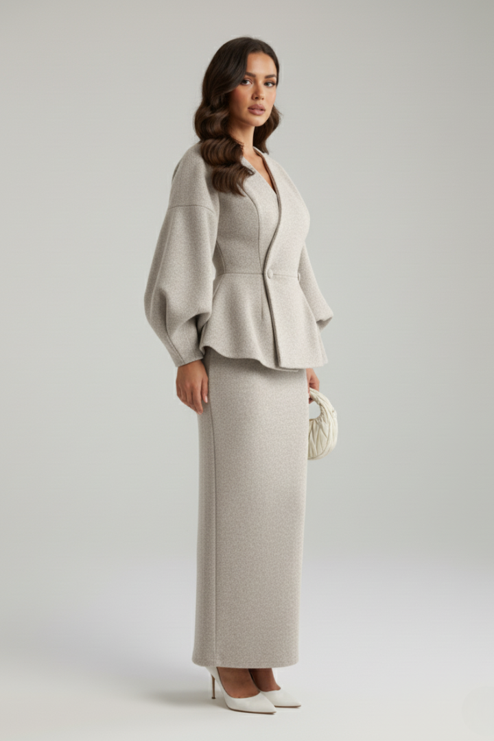 Sophie | Puff Sleeve V-Neck Tailored Maxi Skirt Suit Set